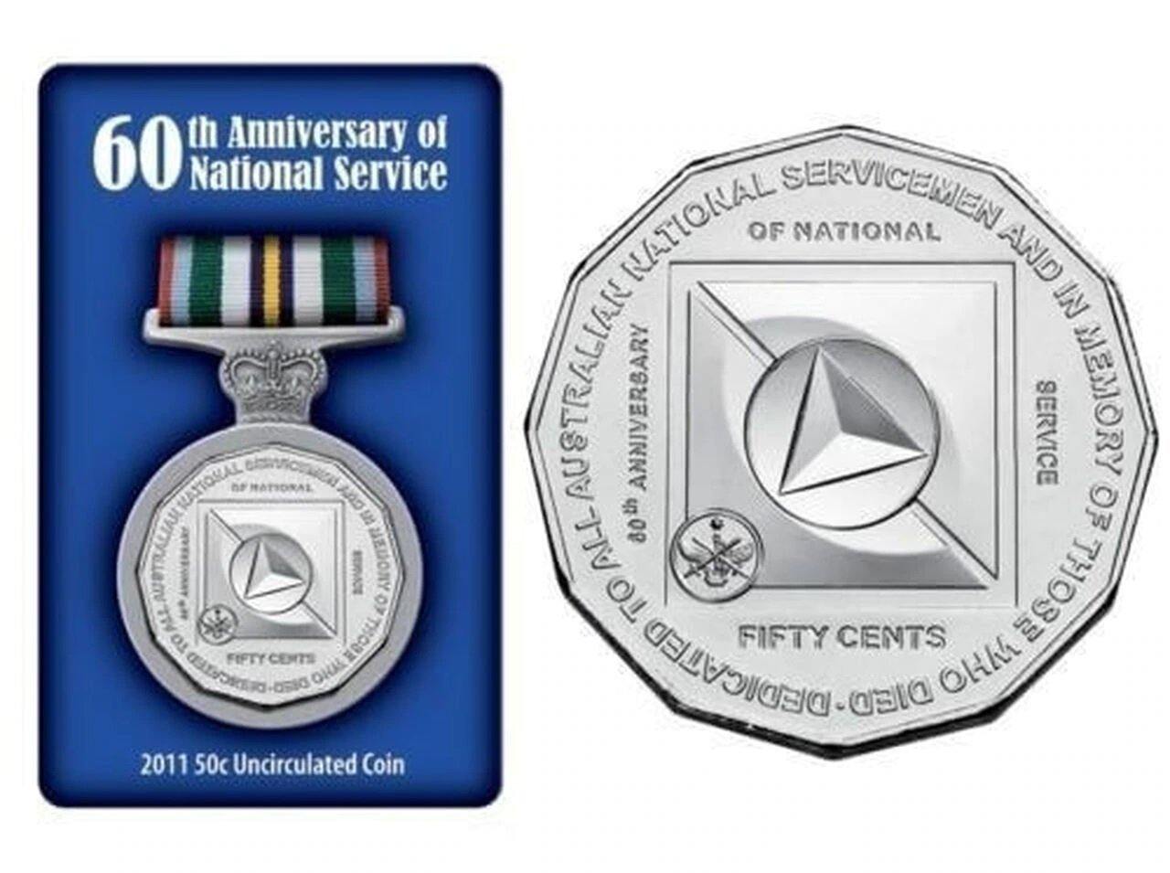 2011 Australian Fifty Cent Coin - National Service Memorial - Carded and Uncirculated - Loose Change Coins