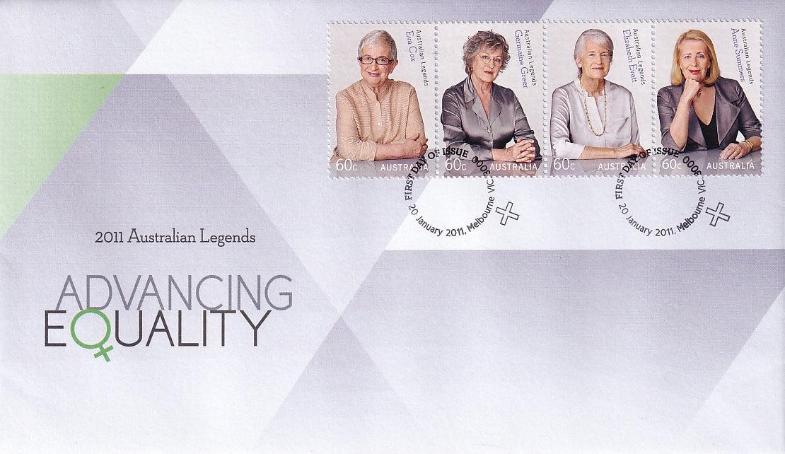 2011 Australian First Day Cover - Australian Legends - Advancing Equality Gummed FDC Strip - Loose Change Coins