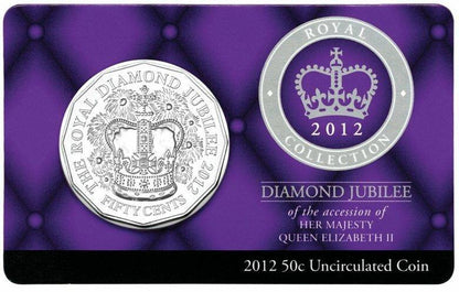 2012 Australian Fifty Cent Coin - Diamond Jubilee of QEII - Royal Collection - Carded and Uncirculated - Loose Change Coins