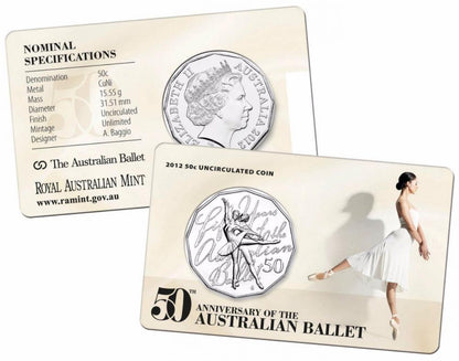 2012 Australian Fifty Cent Coin - 50th Anniversary of Australian Ballet - Carded and Uncirculated - Loose Change Coins