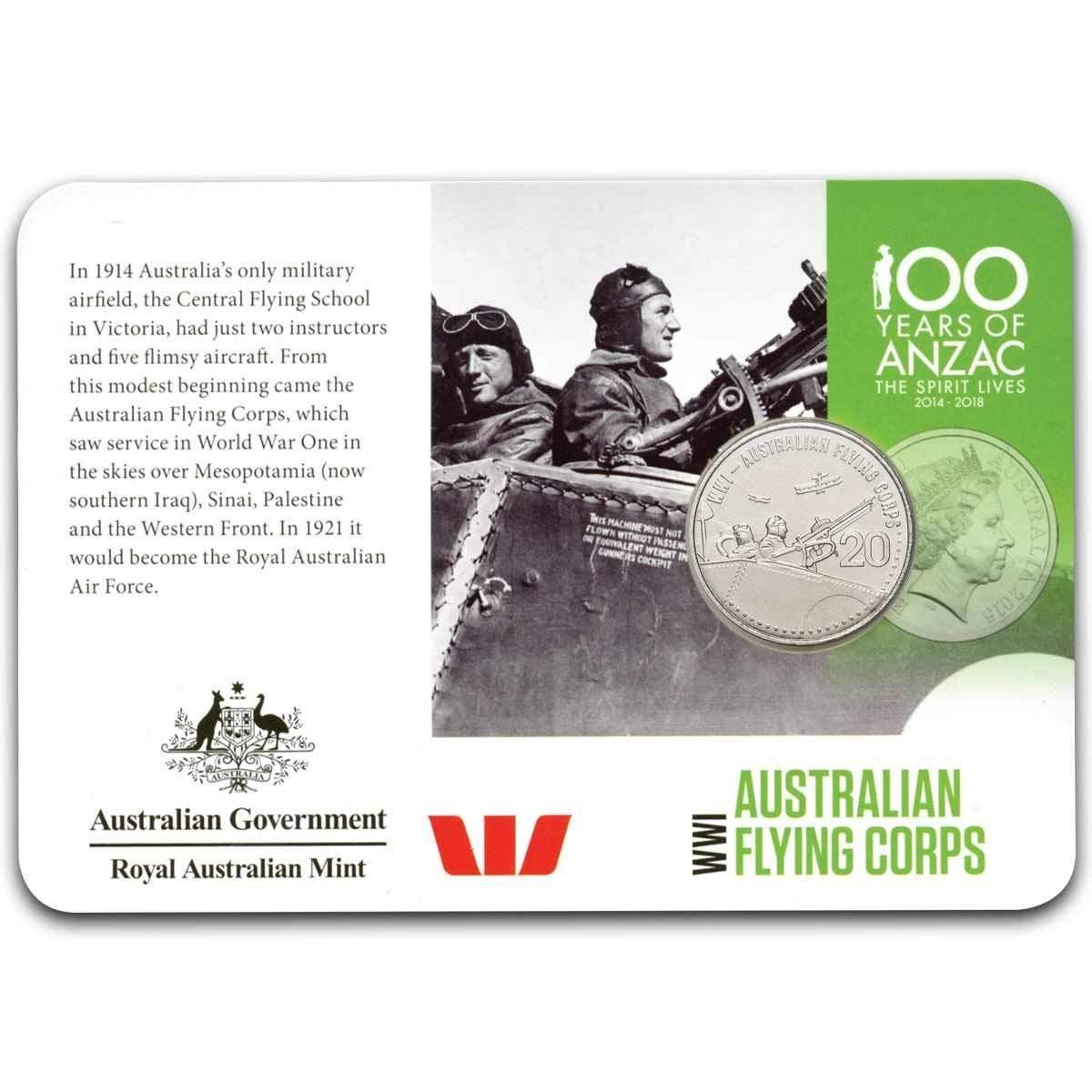 2015 ANZACS Remembered - Australian Flying Corps 20c Coin - Loose Change Coins