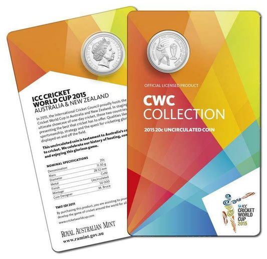 2015 Australian Twenty Cent Coin - 2015 ICC Cricket World Cup - Uncirculated and Carded - Loose Change Coins