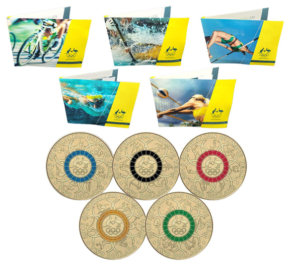 2016 $2 Australian Olympic Team Program Coloured 5 Coin Collection - 5 Types Available - Loose Change Coins