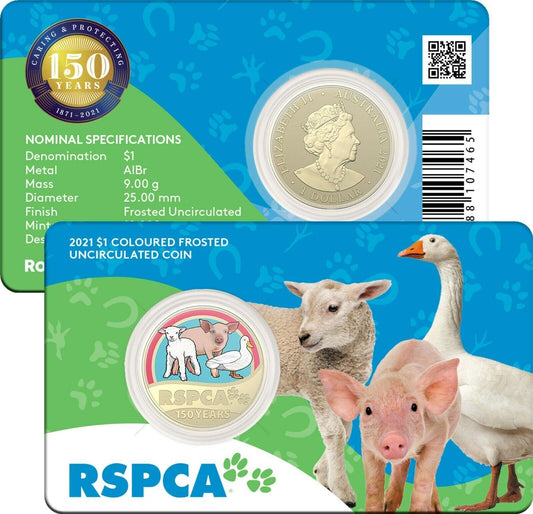 2021 150th Anniversary of the RSPCA - $1 AlBr Coloured Frosted Uncirculated Coin - "Barnyard Animals" - Loose Change Coins