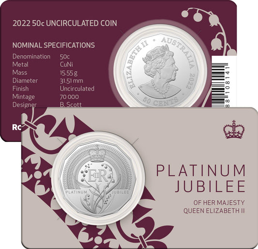 2022 50c CuNi Uncirculated Coin - Platinum Jubilee of HM Queen Elizabeth II - Loose Change Coins