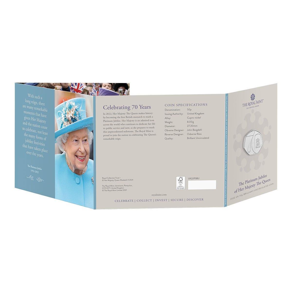 Queen Elizabeth II's Platinum Jubilee 2022 50p Cupro-Nickel Brilliant Uncirculated Coin - Loose Change Coins