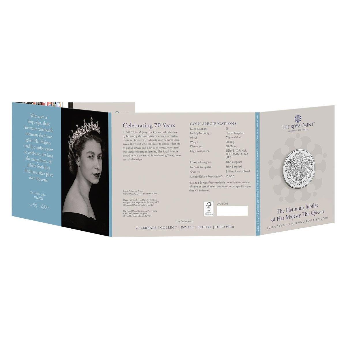 Queen Elizabeth II's Platinum Jubilee 2022 £5 Cupro-Nickel Brilliant Uncirculated Coin - Loose Change Coins