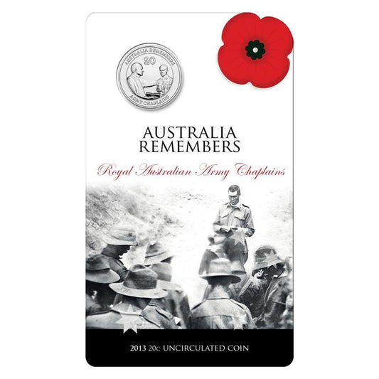 2013 Australian Twenty Cent Coin - Australia Remembers - Army Chaplains - Uncirculated and Carded - Loose Change Coins