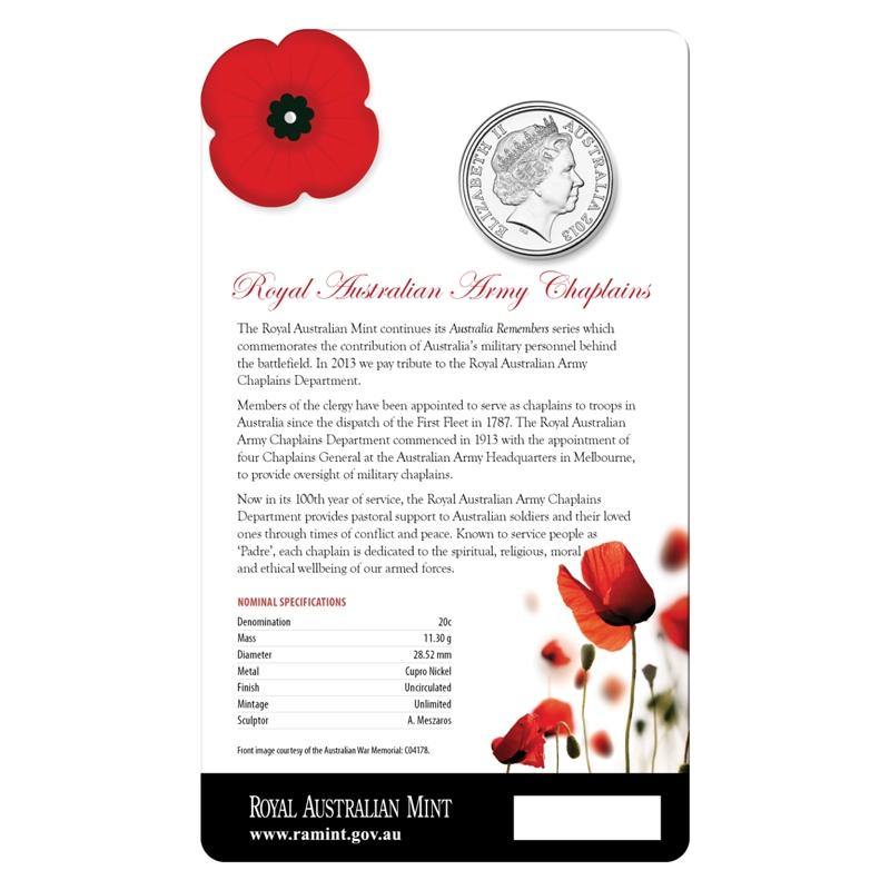 2013 Australian Twenty Cent Coin - Australia Remembers - Army Chaplains - Uncirculated and Carded - Loose Change Coins