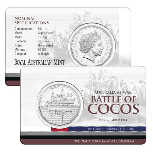 2014 Australian Fifty Cent Coin - Australia at War -  Battle of Cocos - Uncirculated and Carded - Loose Change Coins