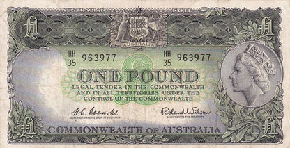1961 Australian 1 Pound Note - HH 35 963977 - HC COOMBS/RONALD WILSON Emerald Green - Reserve Bank - R34b - General Prefix - Fine - Loose Change Coins