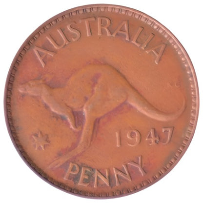 1947 Australian Penny - Very Good - readily available in low to mid grades - Loose Change Coins