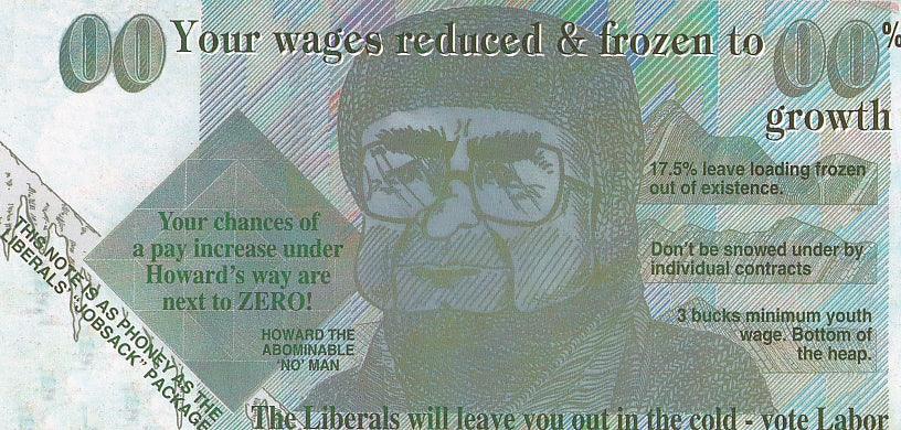 Political propaganda note - "Funny Money" - "Your Wages reduced and frozen to" - Loose Change Coins