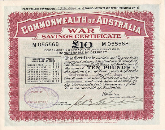 £10 Pound Commonwealth of Australia - War Savings Certificate - 13 Jun 1940 - SG McFarlane - About Uncirculated - Loose Change Coins